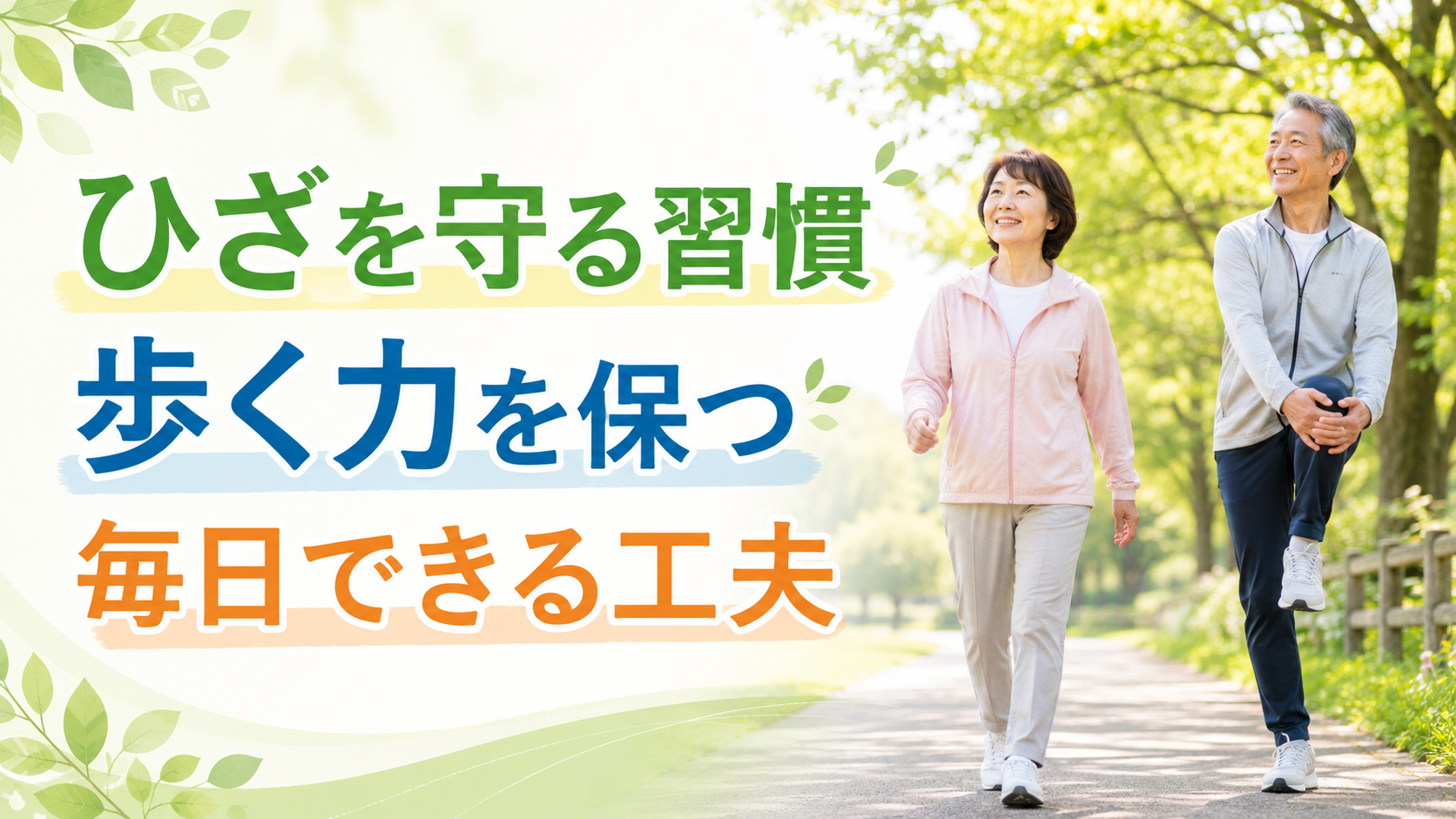 公園を歩く高齢者夫婦と「ひざを守る習慣・歩く力を保つ・毎日できる工夫」の文字が入った健康記事のアイキャッチ画像