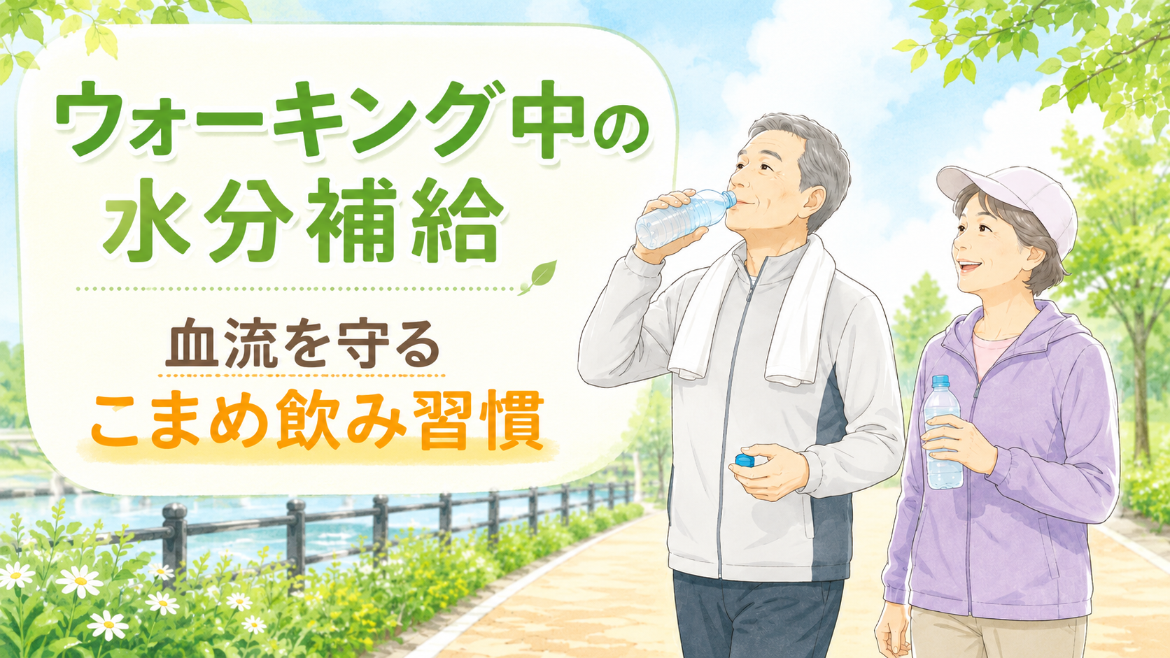 公園でウォーキング中に水筒で水分補給をするシニア女性と、健康的に歩く夫婦のイメージ