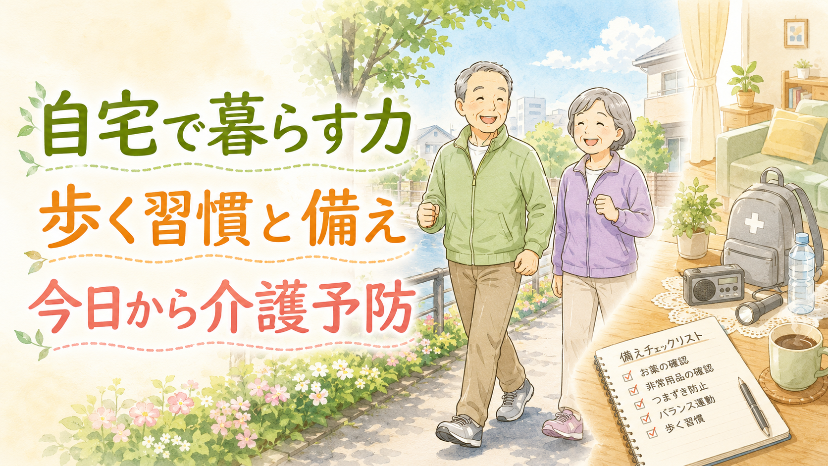 自宅で長く暮らすために歩行機能を保つ高齢者と家族のイラスト
