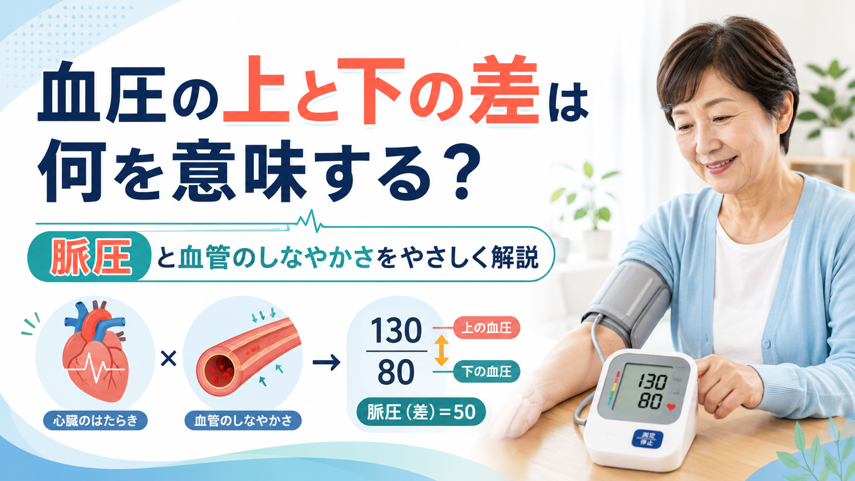 自宅で血圧を測りながら健康管理をするシニア女性と、やさしく見守る家族のイメージ