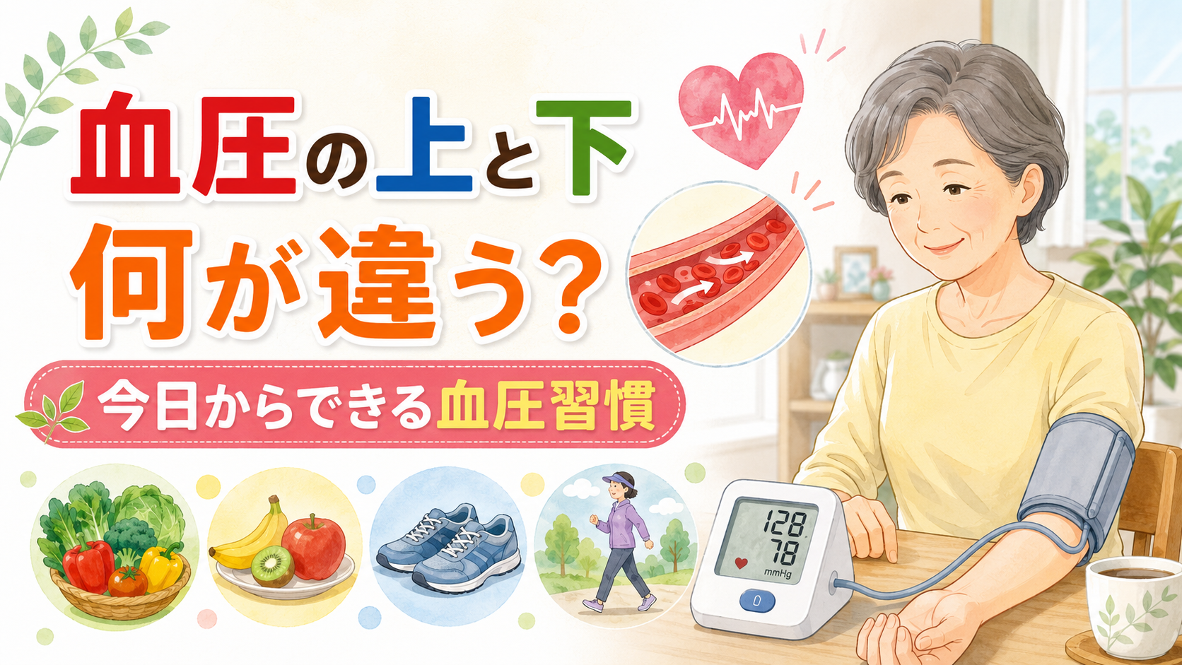 家庭で血圧を測るシニア世代と、血圧の上と下の違いをやさしく示した健康管理のイラスト