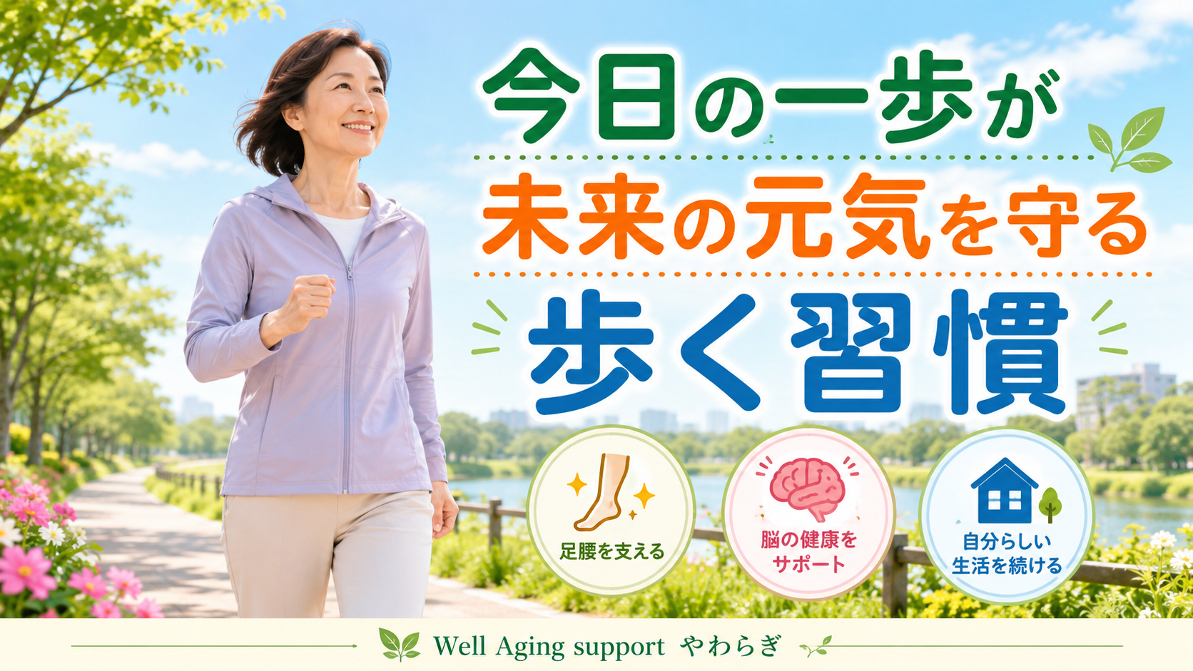 公園の道を笑顔で歩く女性と、「今日の一歩が未来の元気を守る 歩く習慣」という文字が入ったウォーキング習慣の記事用アイキャッチ画像。