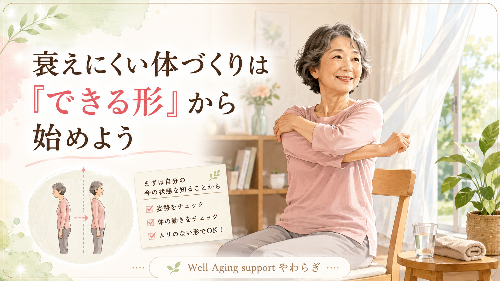 高齢者が椅子に座って肩まわりを無理なく動かす様子と、「衰えにくい体づくりはできる形から始めよう」の文字が入ったイラスト