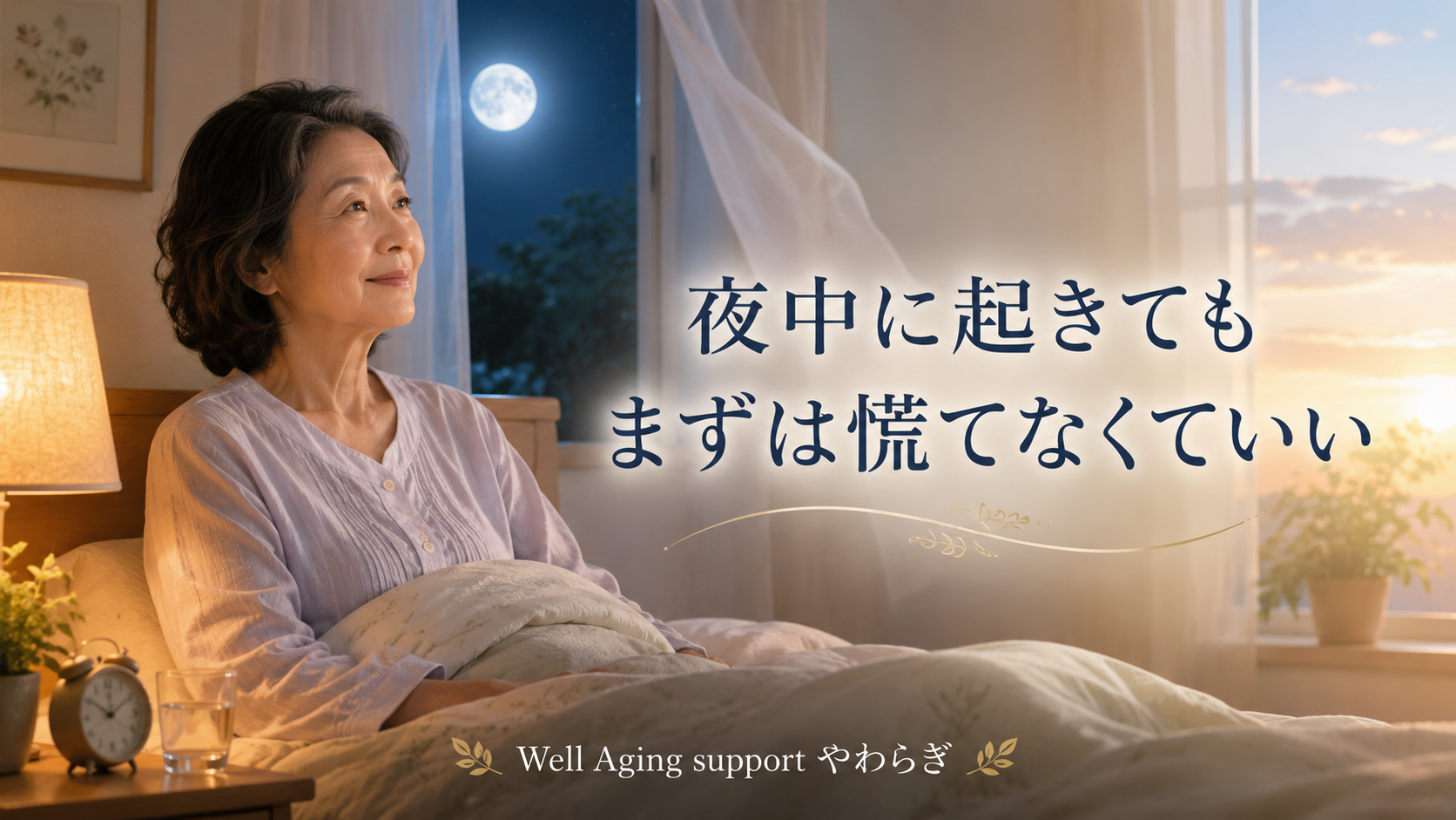 夜中に目が覚めてベッドで穏やかに過ごす高齢女性。月明かりと朝日の光が差し込み、「夜中に起きても まずは慌てなくていい」と書かれた睡眠記事のアイキャッチ画像。