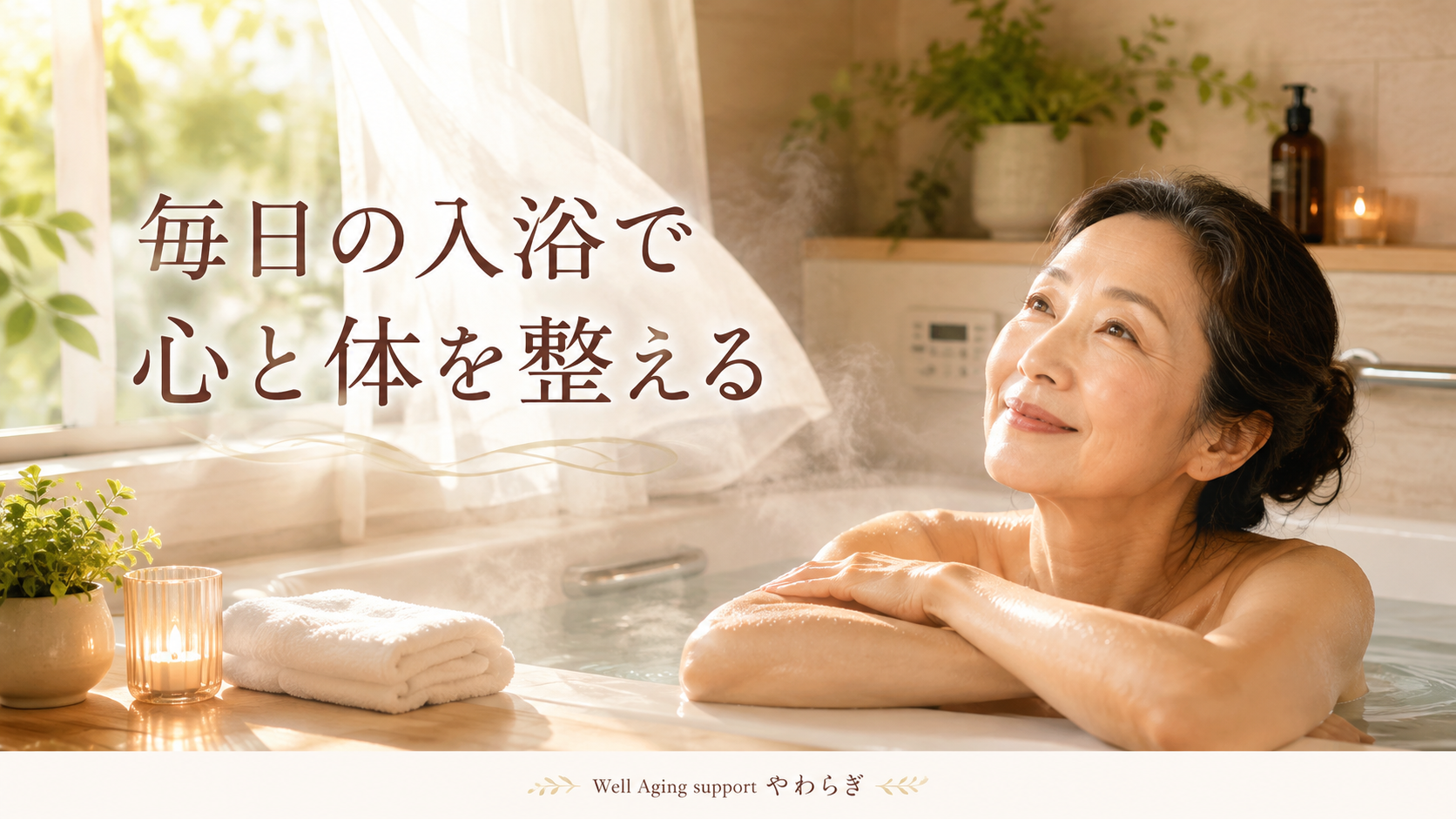 明るい浴室で湯船につかり、穏やかな表情でくつろぐ女性。「毎日の入浴で心と体を整える」と書かれた健康記事のアイキャッチ画像。