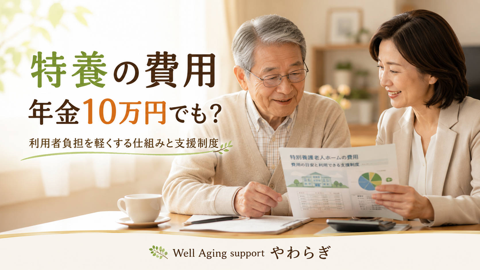 特養の費用と年金10万円でも利用できる支援制度について相談する高齢男性と女性
