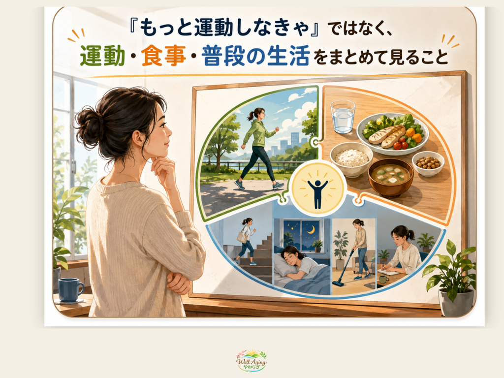 運動しているのに体重が減らない理由を、食事・睡眠・日常生活との関係から説明するイラスト