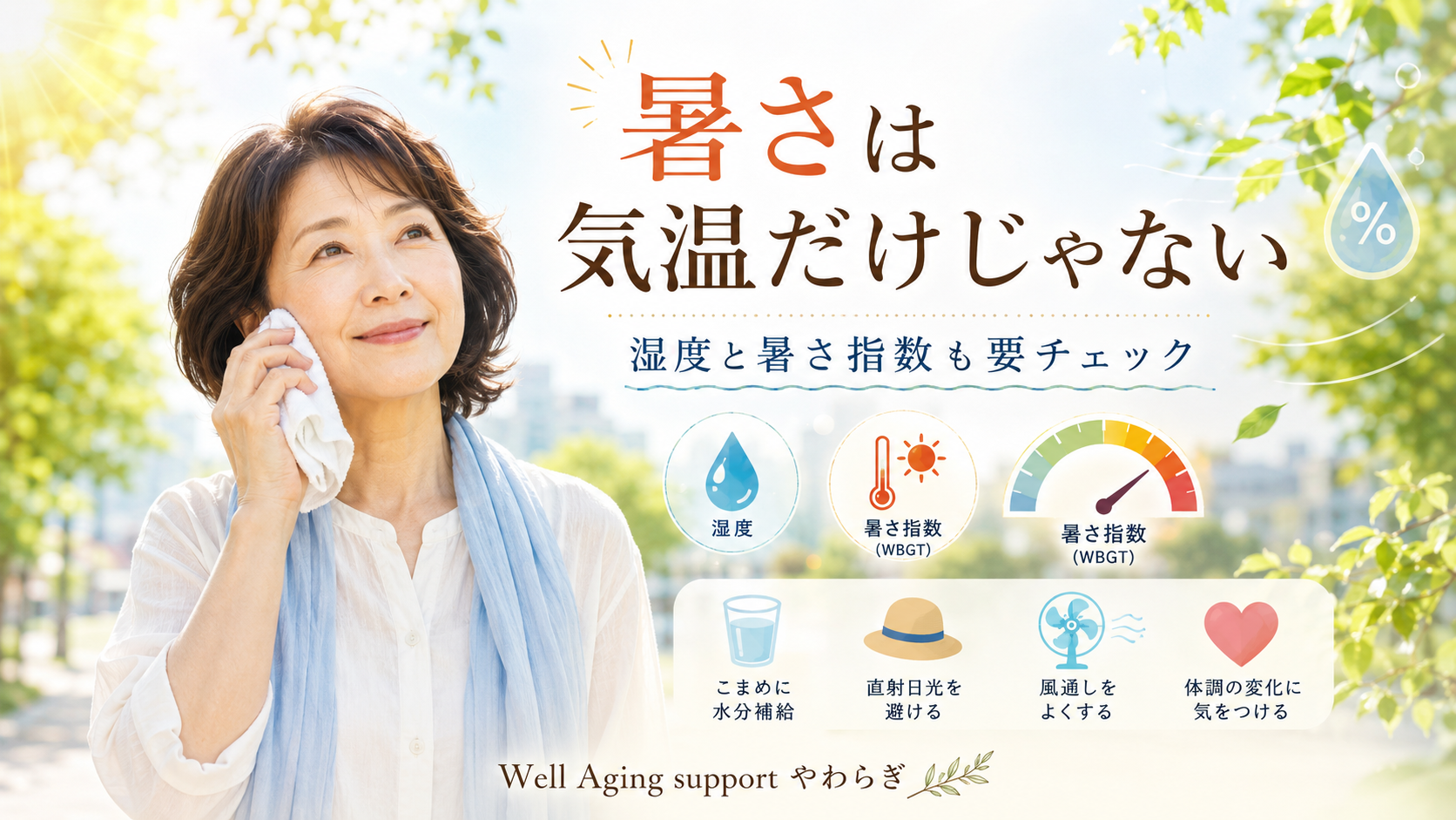 暑い日に汗を拭く女性と、湿度・暑さ指数（WBGT）・水分補給などの暑さ対策を示したイメージ