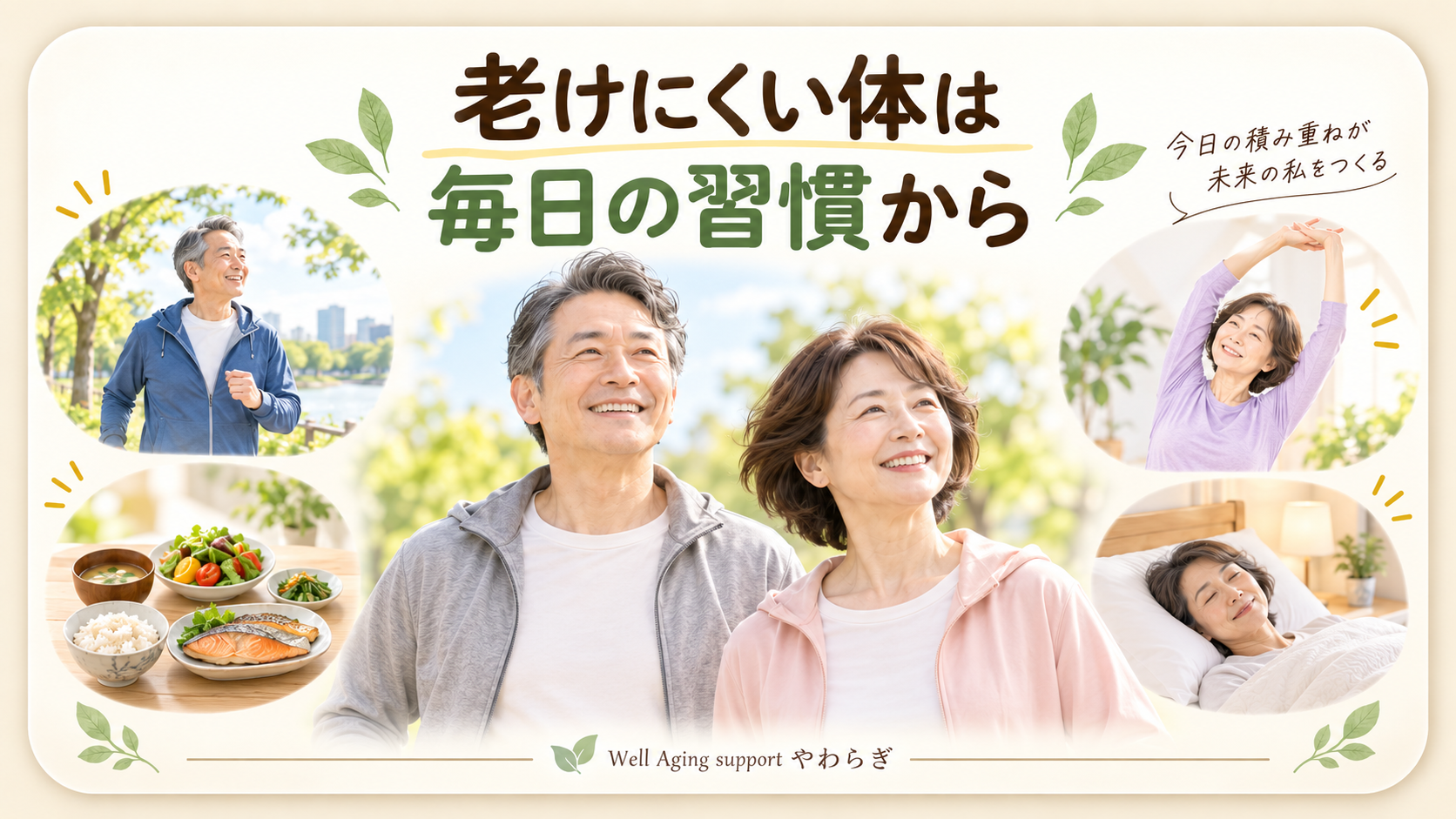老けにくい体づくりのために、運動・食事・睡眠など毎日の健康習慣を続ける中高年のイメージ